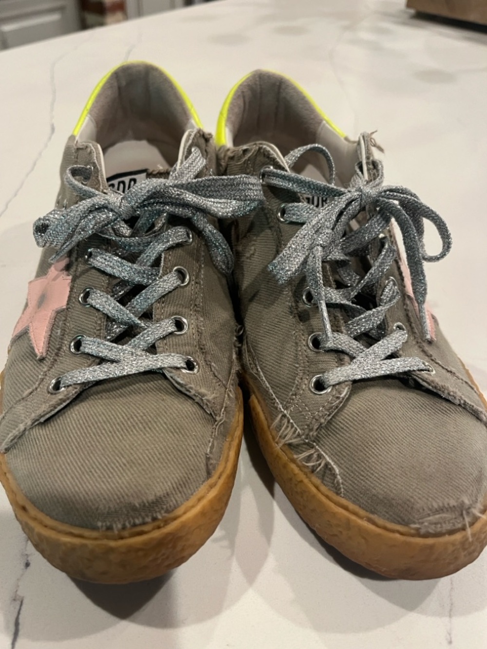 Golden Goose Olive Canvas Sneakers with Pink Star and Neon Yellow Heel Trim
